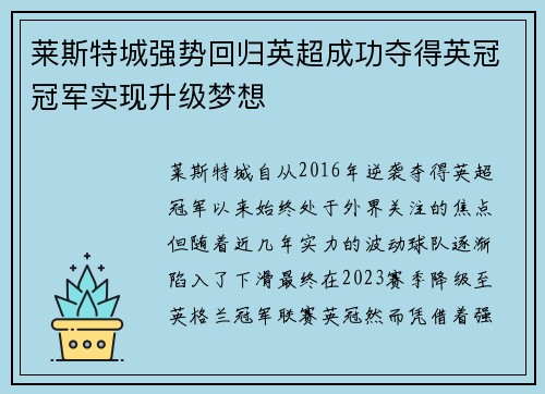 莱斯特城强势回归英超成功夺得英冠冠军实现升级梦想 莱斯特城强势回归英超成功夺得英冠冠军实现升级梦想