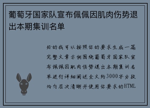 葡萄牙国家队宣布佩佩因肌肉伤势退出本期集训名单