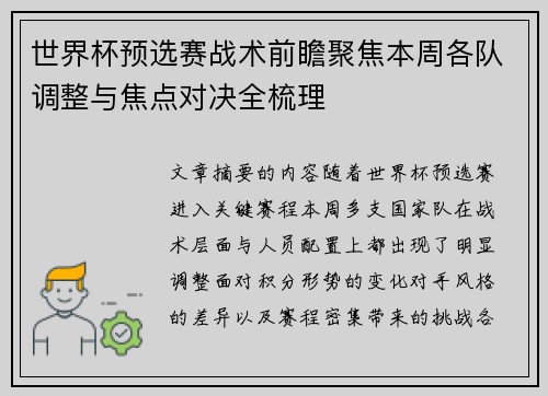 世界杯预选赛战术前瞻聚焦本周各队调整与焦点对决全梳理