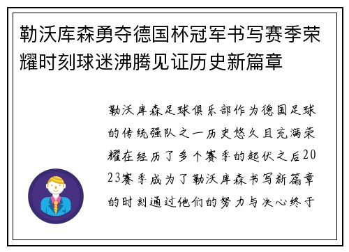 勒沃库森勇夺德国杯冠军书写赛季荣耀时刻球迷沸腾见证历史新篇章